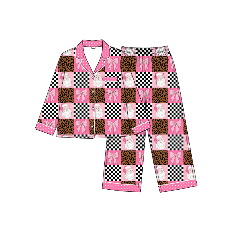 (Preorder new) No moq Adult To Match Kids Bows Santa Checked Pocket Button Top Pant Christmas Pajamas Sets Rompers Sleep Gown