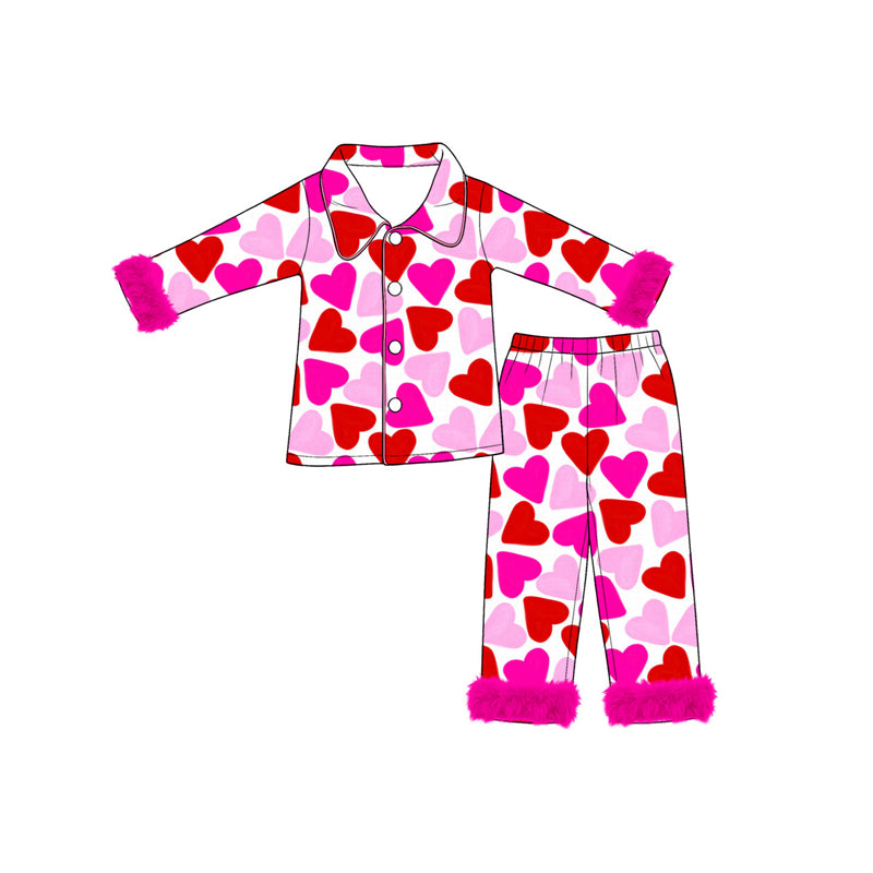 (Preorder new) No moq Adult To Match Kids Pink Red Hearts Button Top Pant Valentines Fur Sleeves Pajamas Sets Romper Blankets Dress