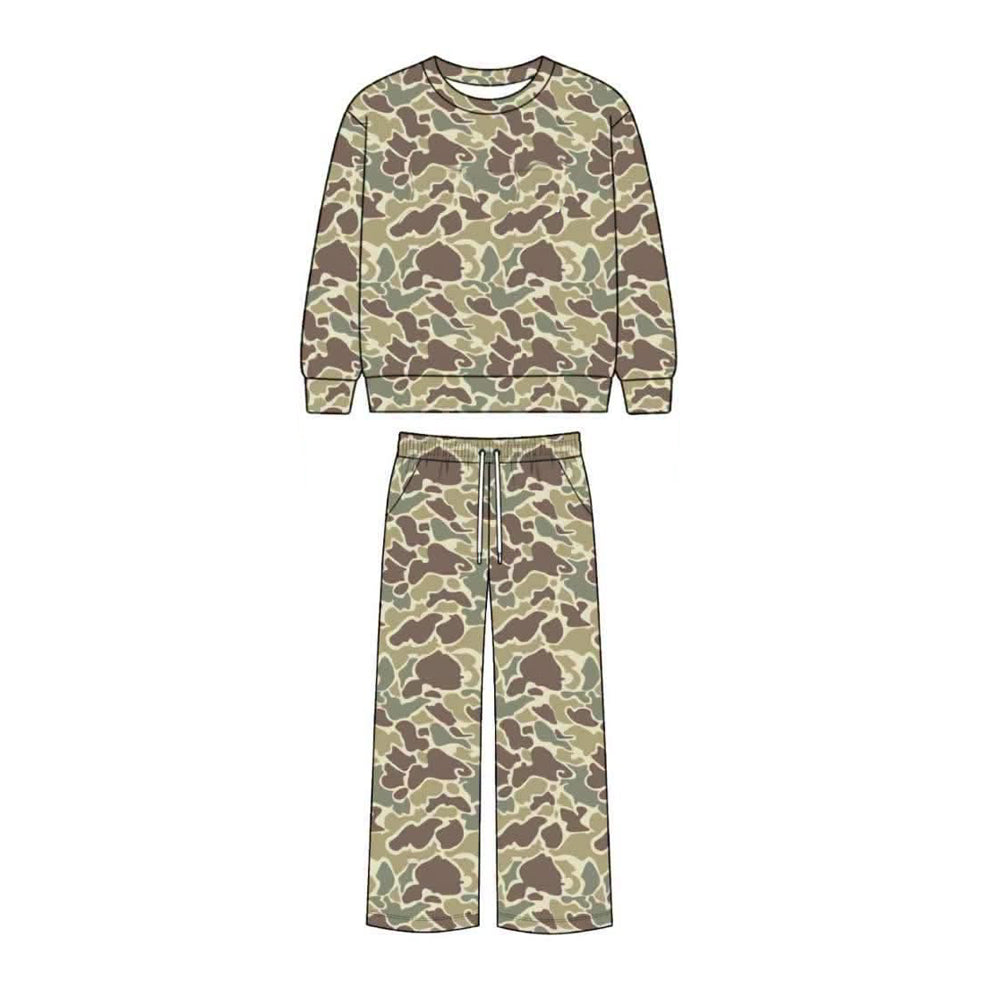 (Preorder new) No moq Baby Girls Camo Print Long Sleeve Crew Neck Top Drawstring Wide Leg Pant Casual Outfit