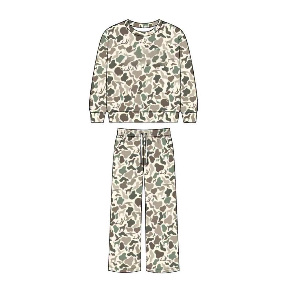 (Preorder new) No moq Baby Girls Camo Print Long Sleeve Crew Neck Top Drawstring Wide Leg Pant Casual Outfit