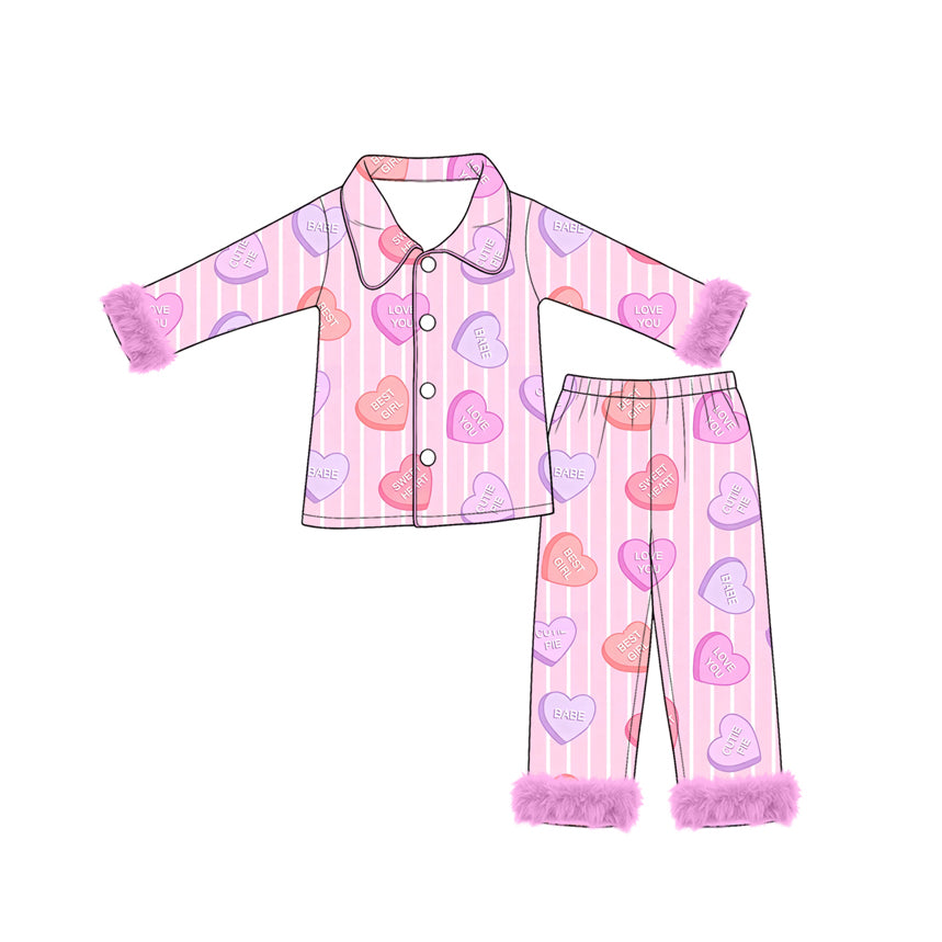 (Preorder new) No moq Baby Girls Pink Valentines Day Candy Heart Stripe Print Collared Button Down Pajama Set With Pink Fur Trim Cuff  Romper Blankets
