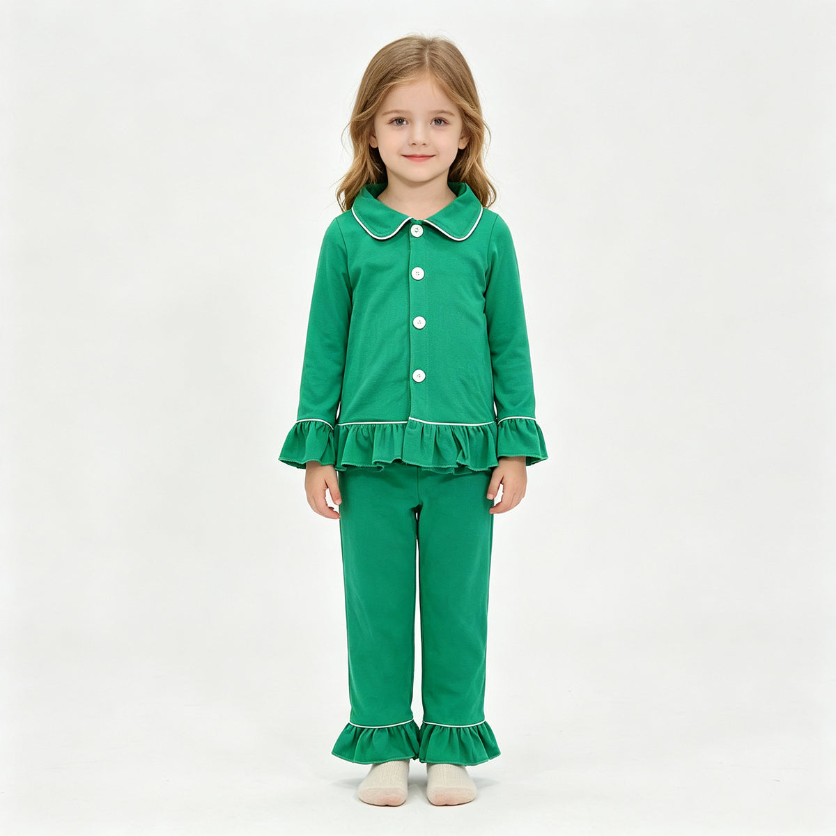 (Sample) No moq cotton GLP3781 Baby Girls Dark Green Button Long Sleeve Top Ruffle Pant Christmas Family Matching Pajamas Sets