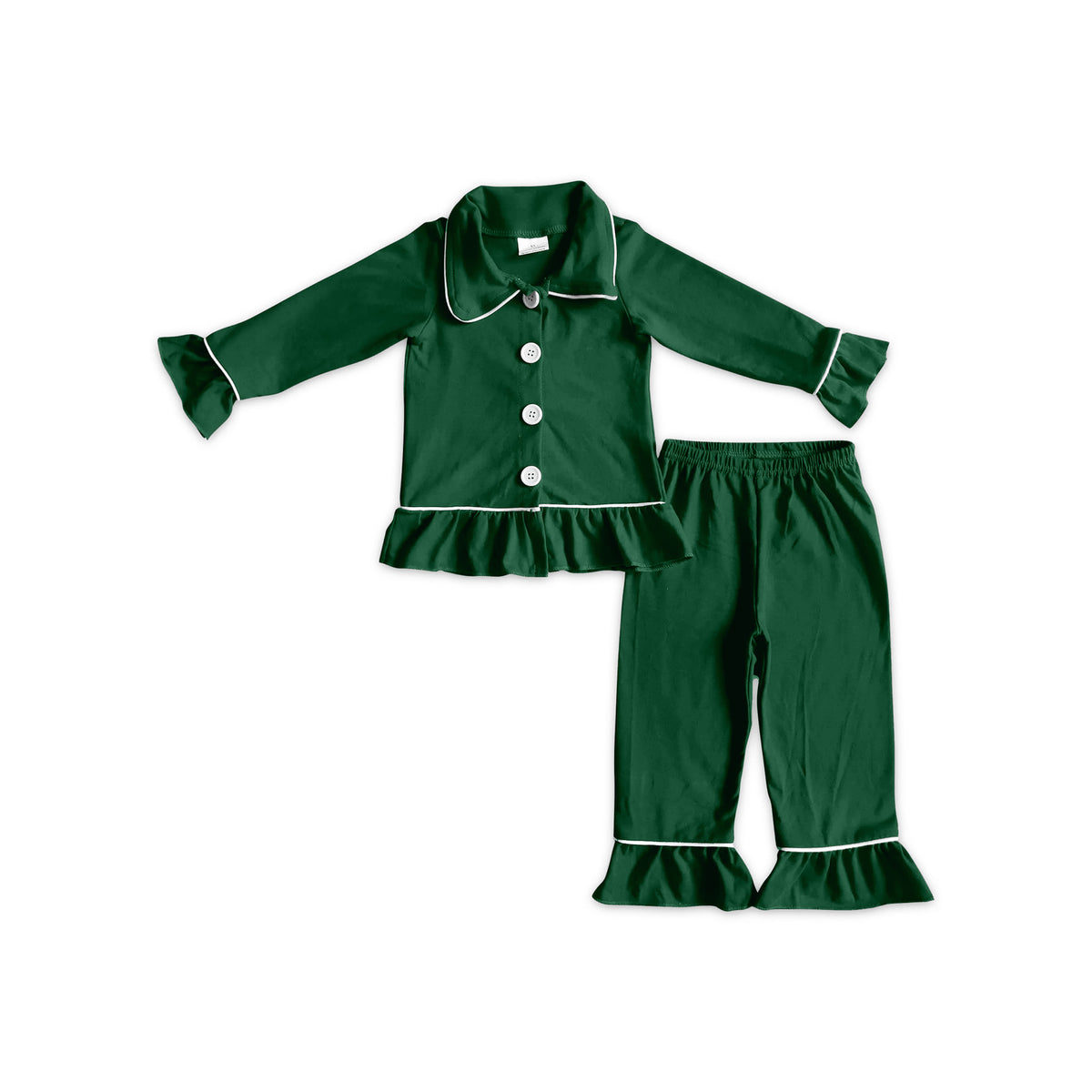 (Preorder new) No moq Adult To Match Kids Solid Green Christmas Long Sleeve Collared Button Down Pajama Set Holiday Sleepwear