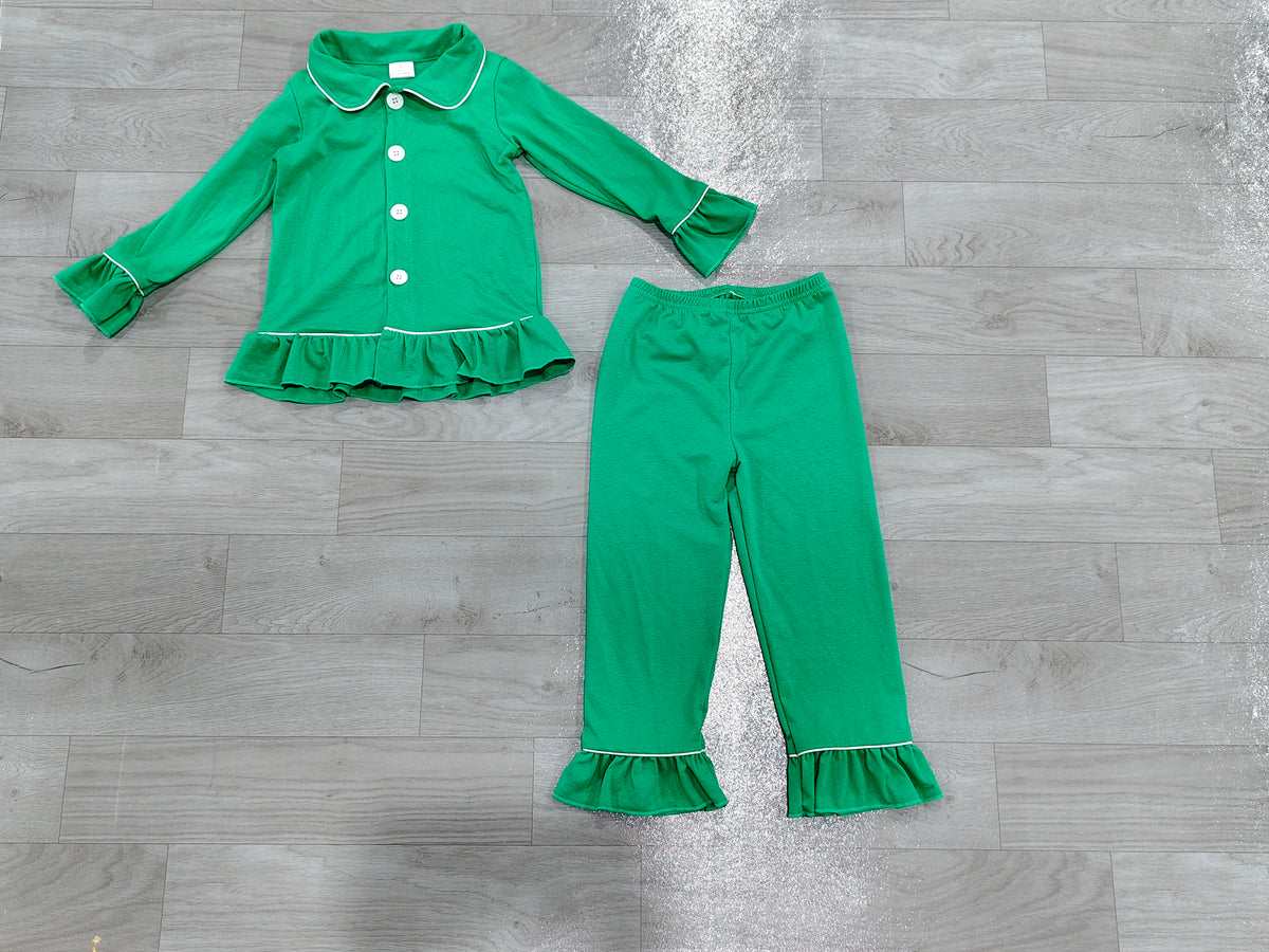 (Sample) No moq cotton GLP3781 Baby Girls Dark Green Button Long Sleeve Top Ruffle Pant Christmas Family Matching Pajamas Sets