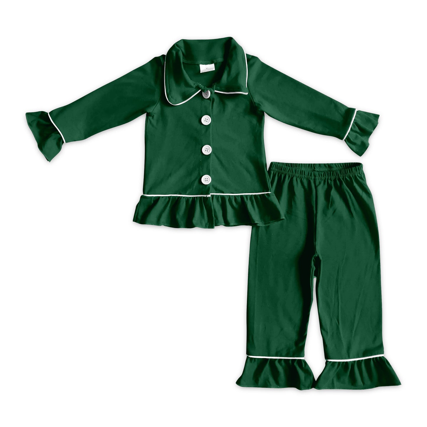 (Preorder new) No moq Adult To Match Kids Solid Green Christmas Long Sleeve Collared Button Down Pajama Set Holiday Sleepwear