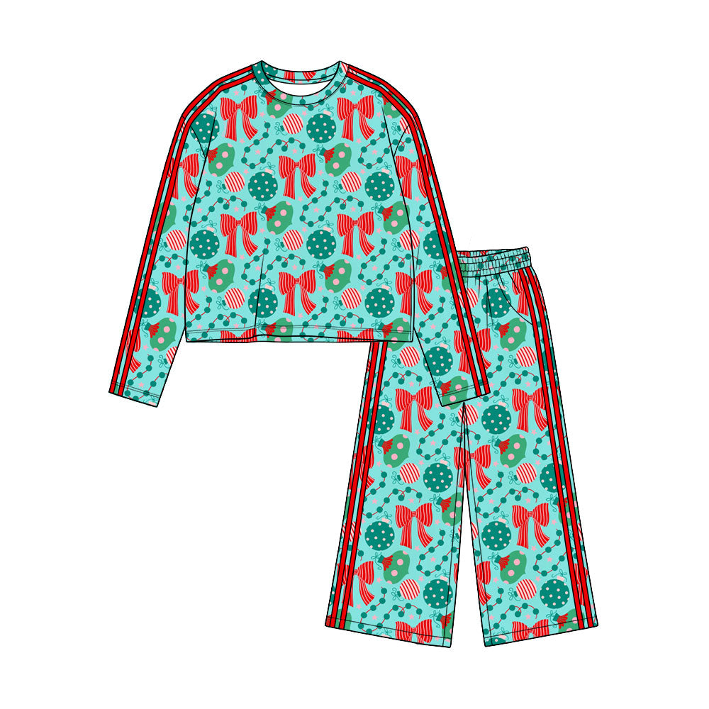(Preorder new) No moq Baby Girls Christmas Bow Print Long Sleeve Pants Side Stripe Holiday Set
