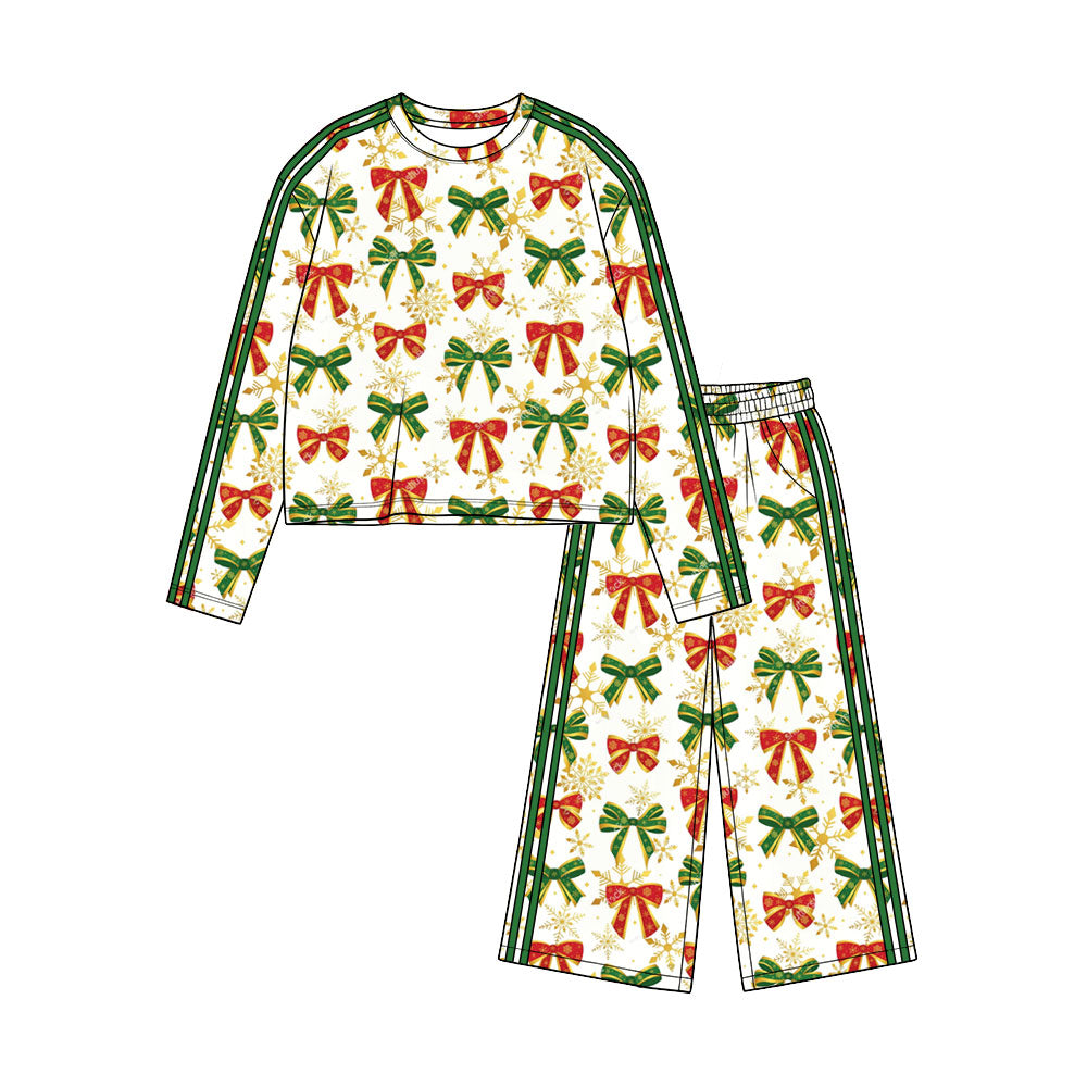 (Preorder new) No moq Baby Girls Christmas Bow Print Long Sleeve Pants Side Stripe Holiday Set