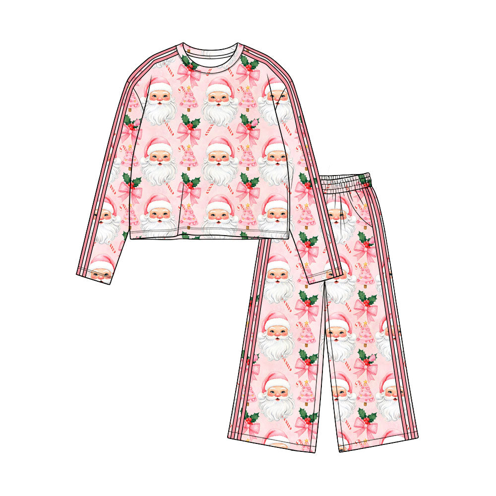 (Preorder new) No moq Baby Girls Christmas Bow Print Long Sleeve Pants Side Stripe Holiday Set