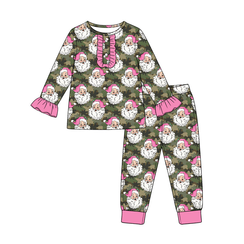 (Preorder new) No moq Baby Girls Christmas Santa Print Long Sleeve Pajama Set Holiday Sleep Outfit