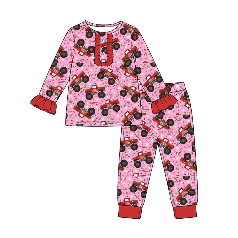 (Preorder new) No moq Baby Girls Christmas Santa Print Long Sleeve Pajama Set Holiday Sleep Outfit