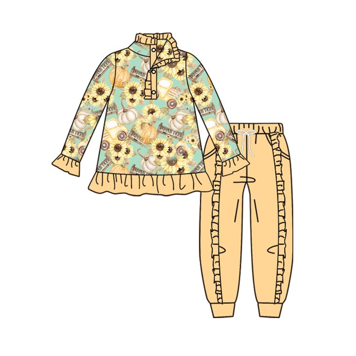 (Preorder new) No moq Baby Girls Fall Pumpkin Bow Checkerboard Print Long Sleeve Top Solid Ruffle Jogger Pant Autumn Outfit Set