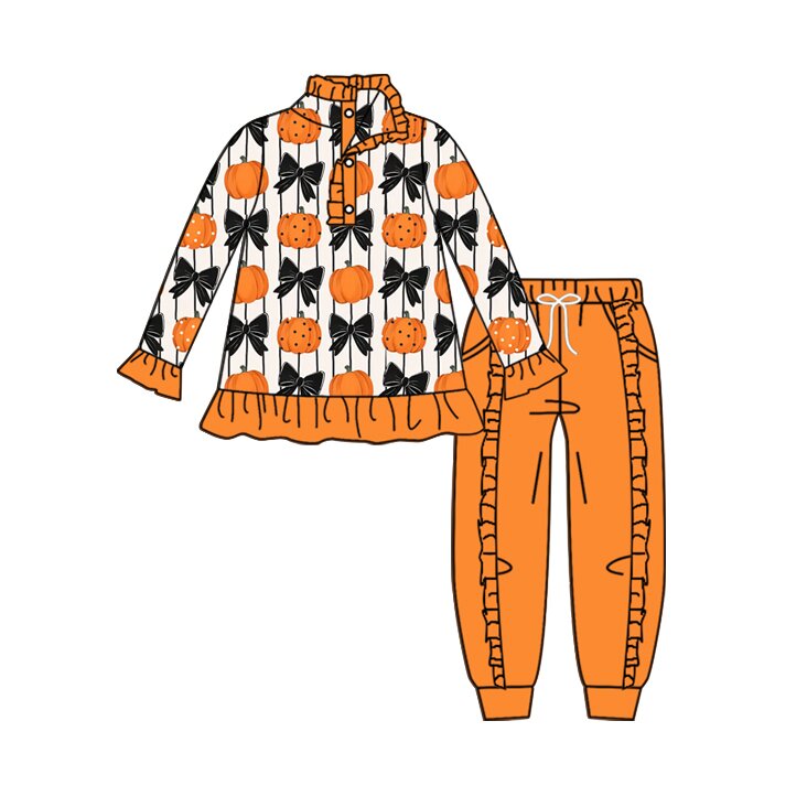 (Preorder new) No moq Baby Girls Fall Pumpkin Bow Checkerboard Print Long Sleeve Top Solid Ruffle Jogger Pant Autumn Outfit Set