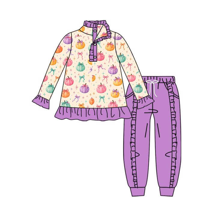 (Preorder new) No moq Baby Girls Fall Pumpkin Bow Checkerboard Print Long Sleeve Top Solid Ruffle Jogger Pant Autumn Outfit Set