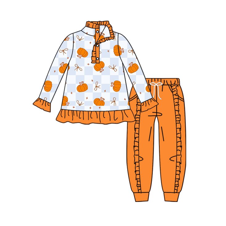 (Preorder new) No moq Baby Girls Fall Pumpkin Bow Checkerboard Print Long Sleeve Top Solid Ruffle Jogger Pant Autumn Outfit Set
