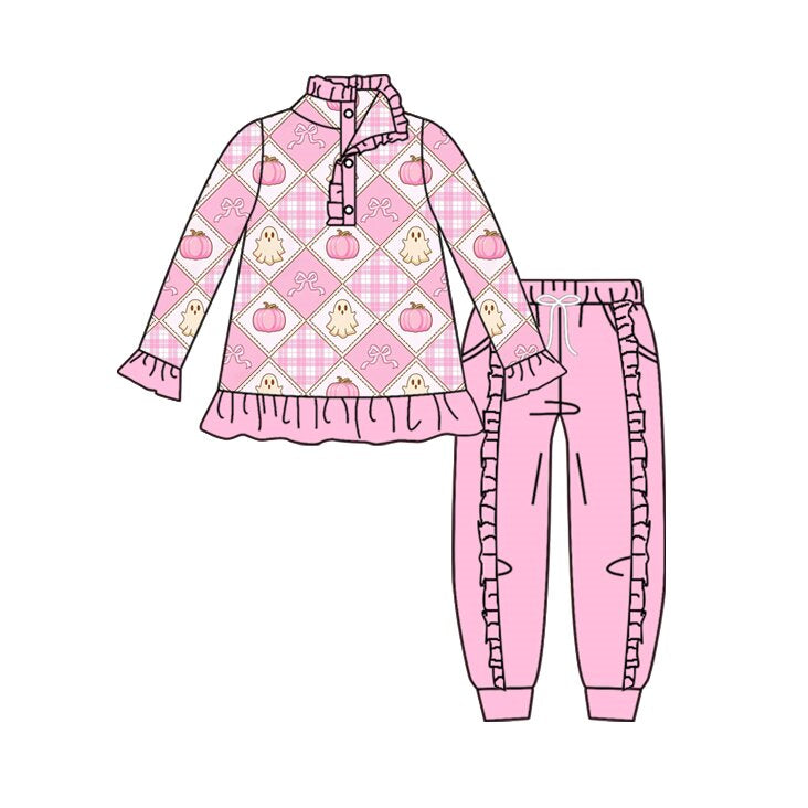 (Preorder new) No moq Baby Girls Fall Pumpkin Bow Checkerboard Print Long Sleeve Top Solid Ruffle Jogger Pant Autumn Outfit Set