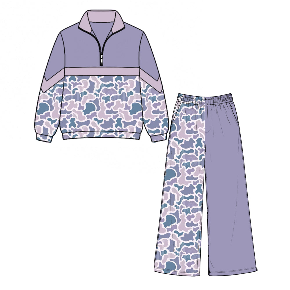 (Preorder new) No moq Baby Kids Camo Block Quarter Zip Pullover Top Camo Wide Leg Pant Casual Outfit Set