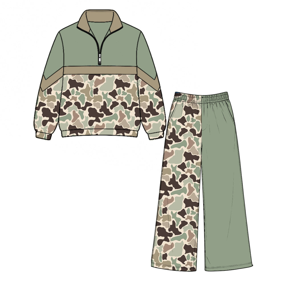 (Preorder new) No moq Baby Kids Camo Block Quarter Zip Pullover Top Camo Wide Leg Pant Casual Outfit Set