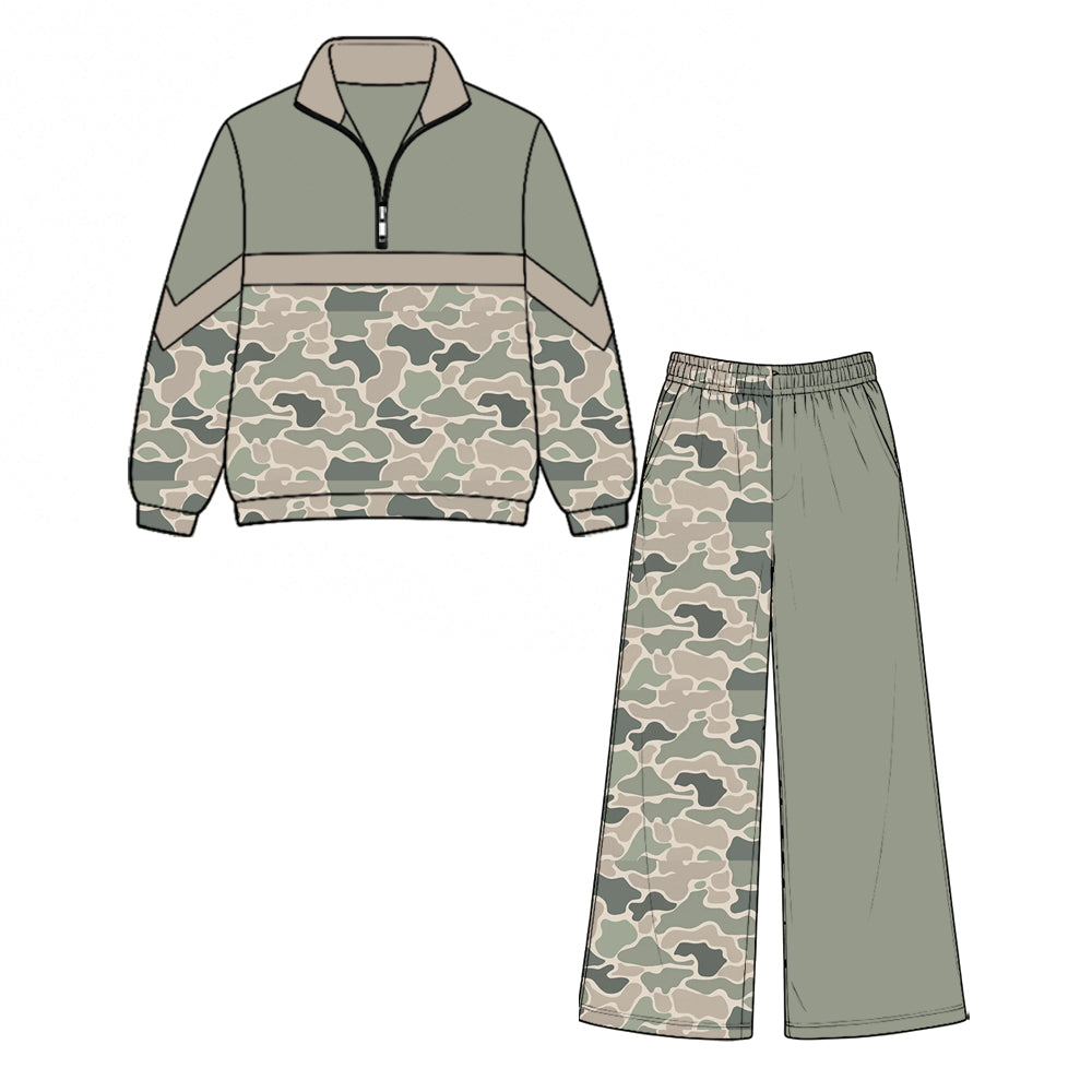 (Preorder new) No moq Baby Kids Camo Block Quarter Zip Pullover Top Camo Wide Leg Pant Casual Outfit Set