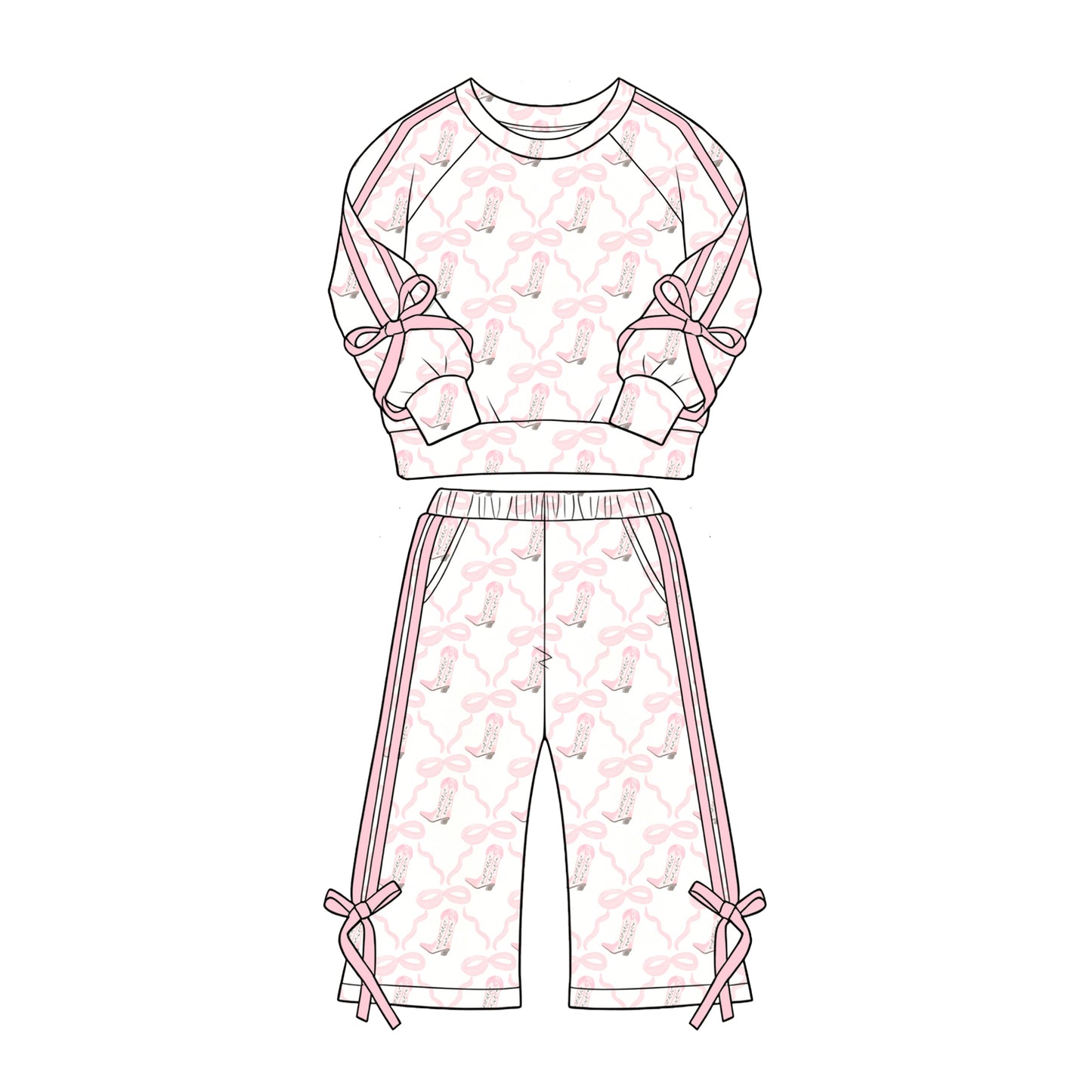 (Preorder new) No moq GLP3805 Baby Girls Pink Cowgirl Boot Bow Print Long Sleeve Top And Side Stripe Bow Wide Leg Pants Outfit