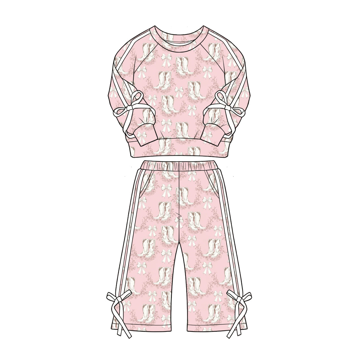 (Preorder new) No moq GLP3806 Baby Girls Pink Western Cowboy Boot Bow Floral Print Long Sleeve Top And Side Stripe Bow Wide Leg Pants Outfit