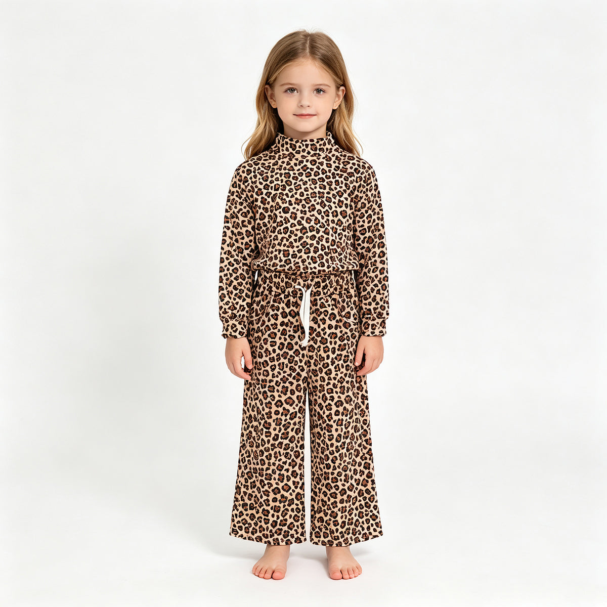 (Sample) No moq yoga fabric（GT1904+P1235）Yoga High Neck Baby Girls Khaki Leopard Top Flare Pant Yoga Active Set