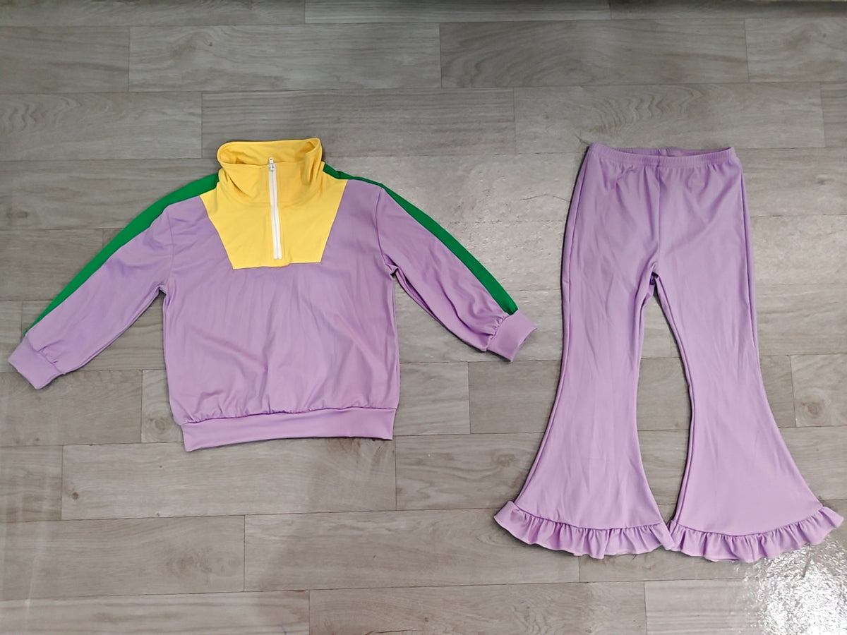 (Sample) No moq yoga fabric cotton GLP3828 Yoga Baby Girls Purple Long Sleeve Zip Pullover Pockets Pant Holiday Set