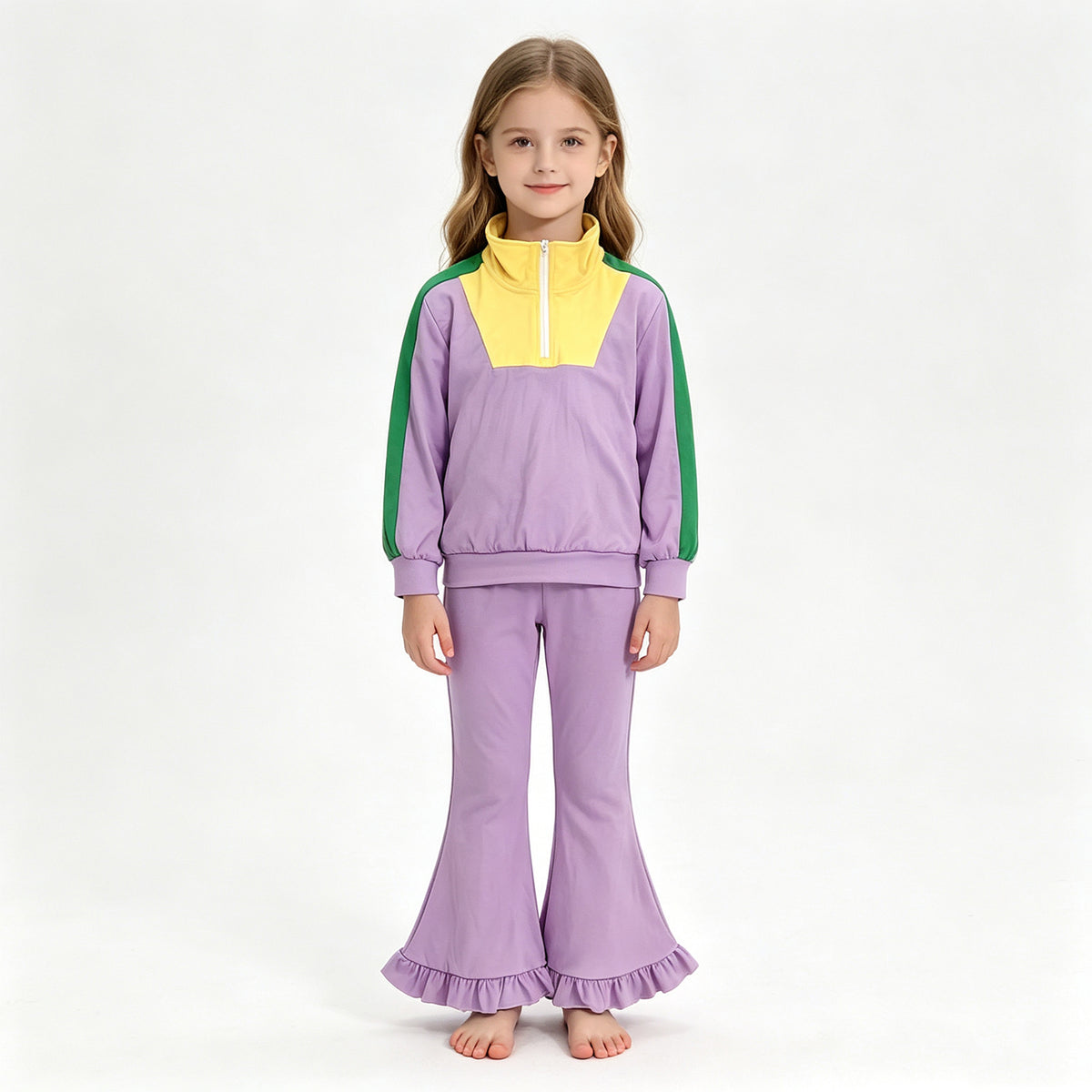 (Sample) No moq yoga fabric cotton GLP3828 Yoga Baby Girls Purple Long Sleeve Zip Pullover Pockets Pant Holiday Set