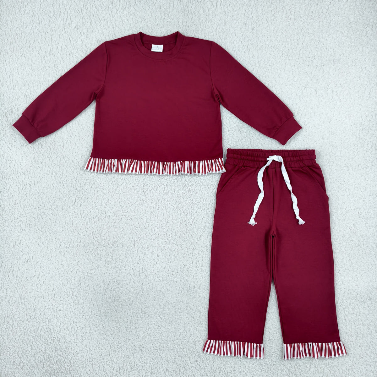NEW RTS NO MOQ milk silk GLP3829 Baby Girls Maroon Long Sleeve Pocket Top Ruffle Hem Pant Clothes Set
