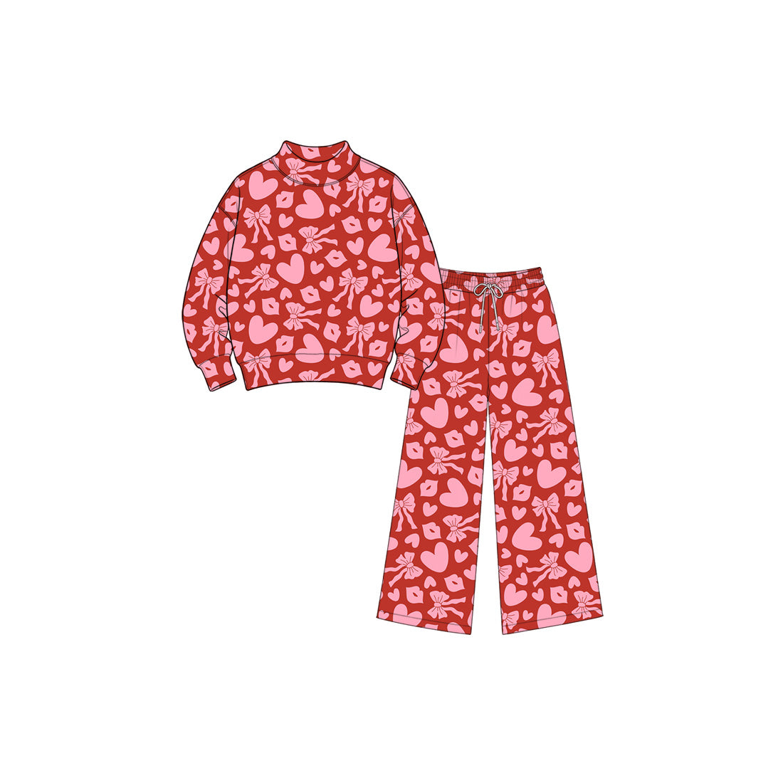 (Preorder new) No moq Adult To Match Kids Red Pink Heart Bow Valentines Day Print Clothing Romper Long Sleeve Dress High Neck Sweatshirt Wide Leg Pants Holiday Matching Outfit Set