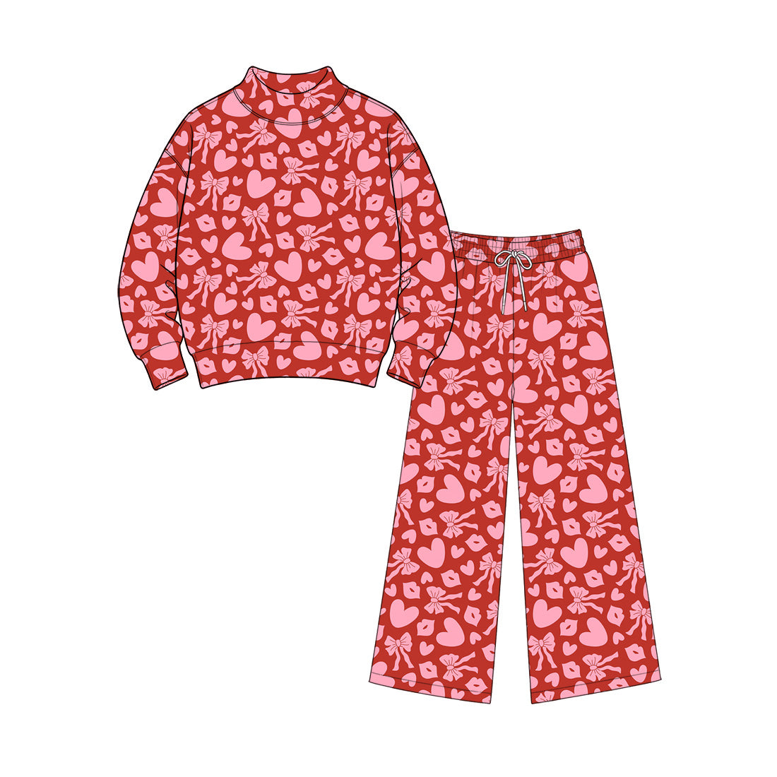 (Preorder new) No moq Adult To Match Kids Red Pink Heart Bow Valentines Day Print Clothing Romper Long Sleeve Dress High Neck Sweatshirt Wide Leg Pants Holiday Matching Outfit Set