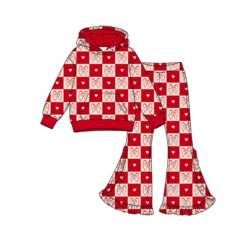 (Preorder new) No moq GLP3832 Baby Girls Red Checkered Bow Heart Print Ruffle Hoodie And Flare Bell Bottom Pants Set