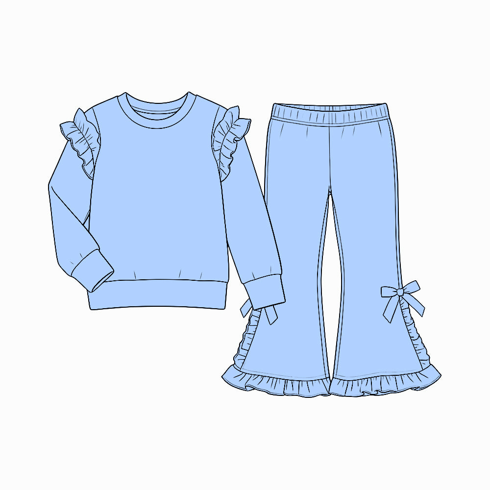 (Preorder new) No moq cotton Baby Girls Ruffle Shoulder Long Sleeve Sweatshirt And Bow Ruffle Hem Flare Bell Bottom Pants Fall Casual Clothes Set