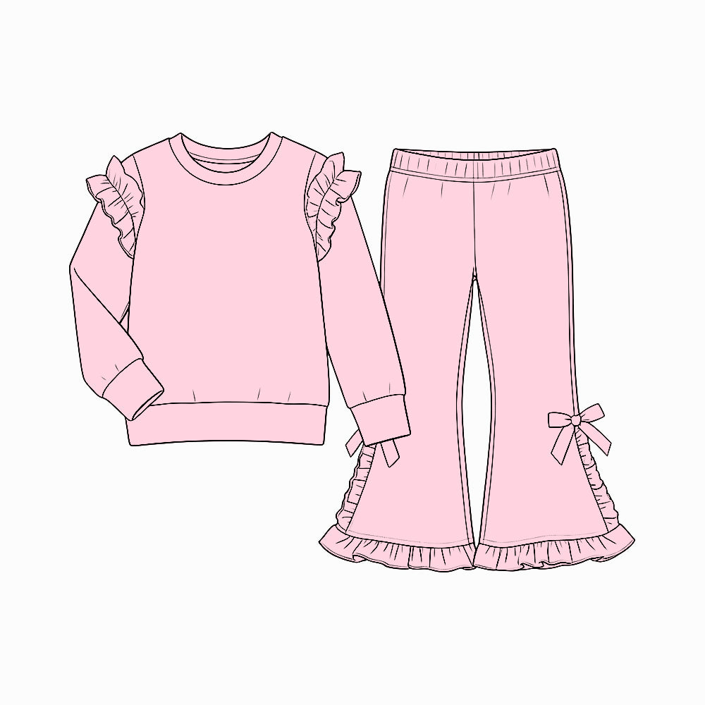 (Preorder new) No moq cotton Baby Girls Ruffle Shoulder Long Sleeve Sweatshirt And Bow Ruffle Hem Flare Bell Bottom Pants Fall Casual Clothes Set