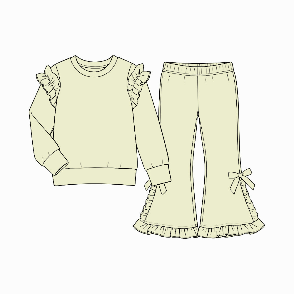 (Preorder new) No moq cotton Baby Girls Ruffle Shoulder Long Sleeve Sweatshirt And Bow Ruffle Hem Flare Bell Bottom Pants Fall Casual Clothes Set