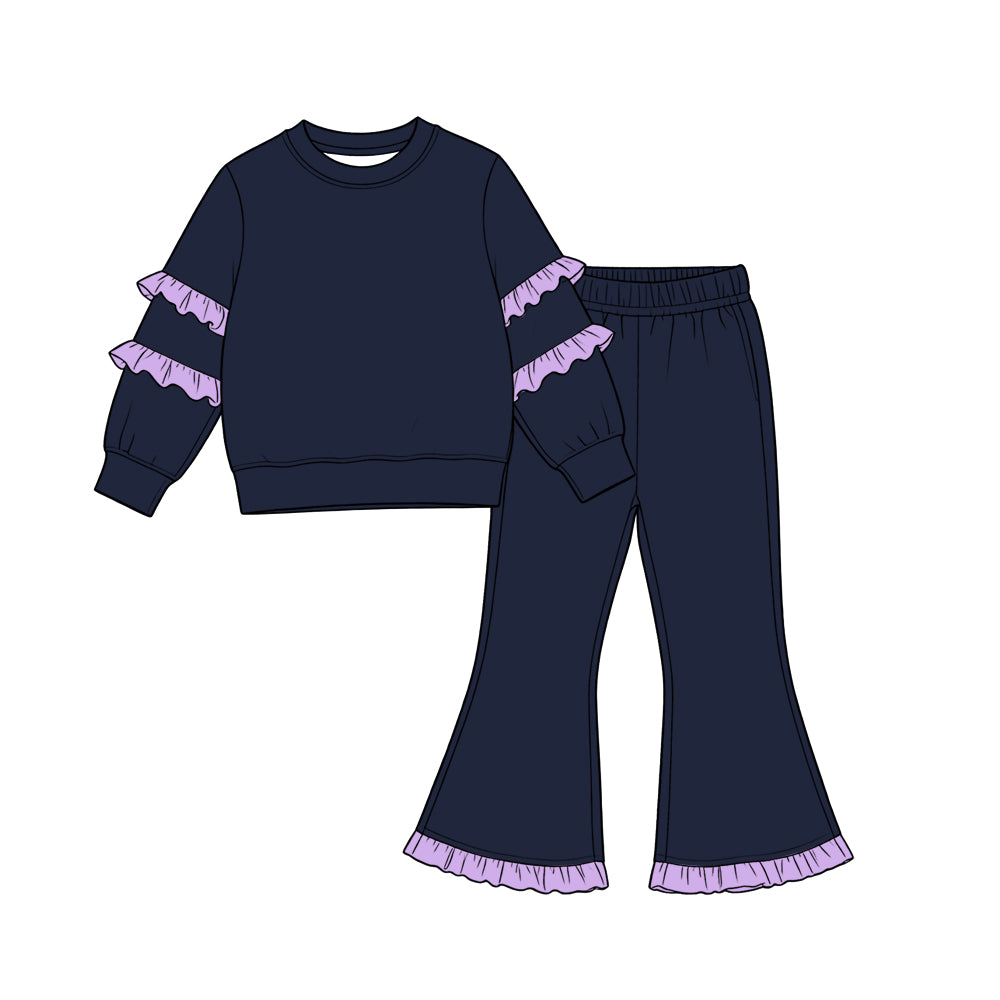 (Preorder new) No moq cotton Baby Girls Ruffle Long Sleeve Sweatshirt And Ruffle Hem Flare Pants Casual Fall Clothes Set