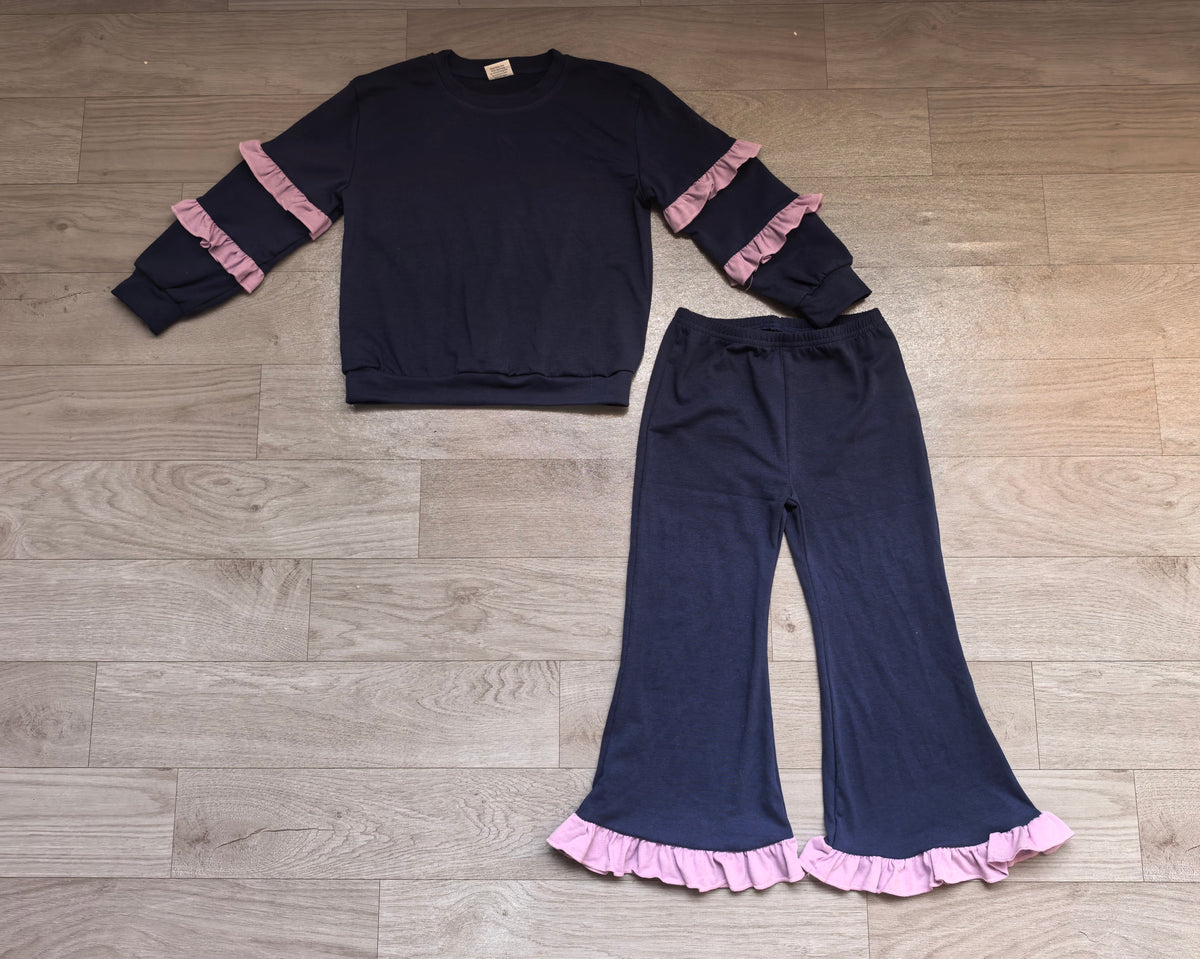 (Sample) No moq cotton GLP3838 Baby Girls Navy Long Sleeve Top Bell Bottom Pants With Ruffle Clothes Set