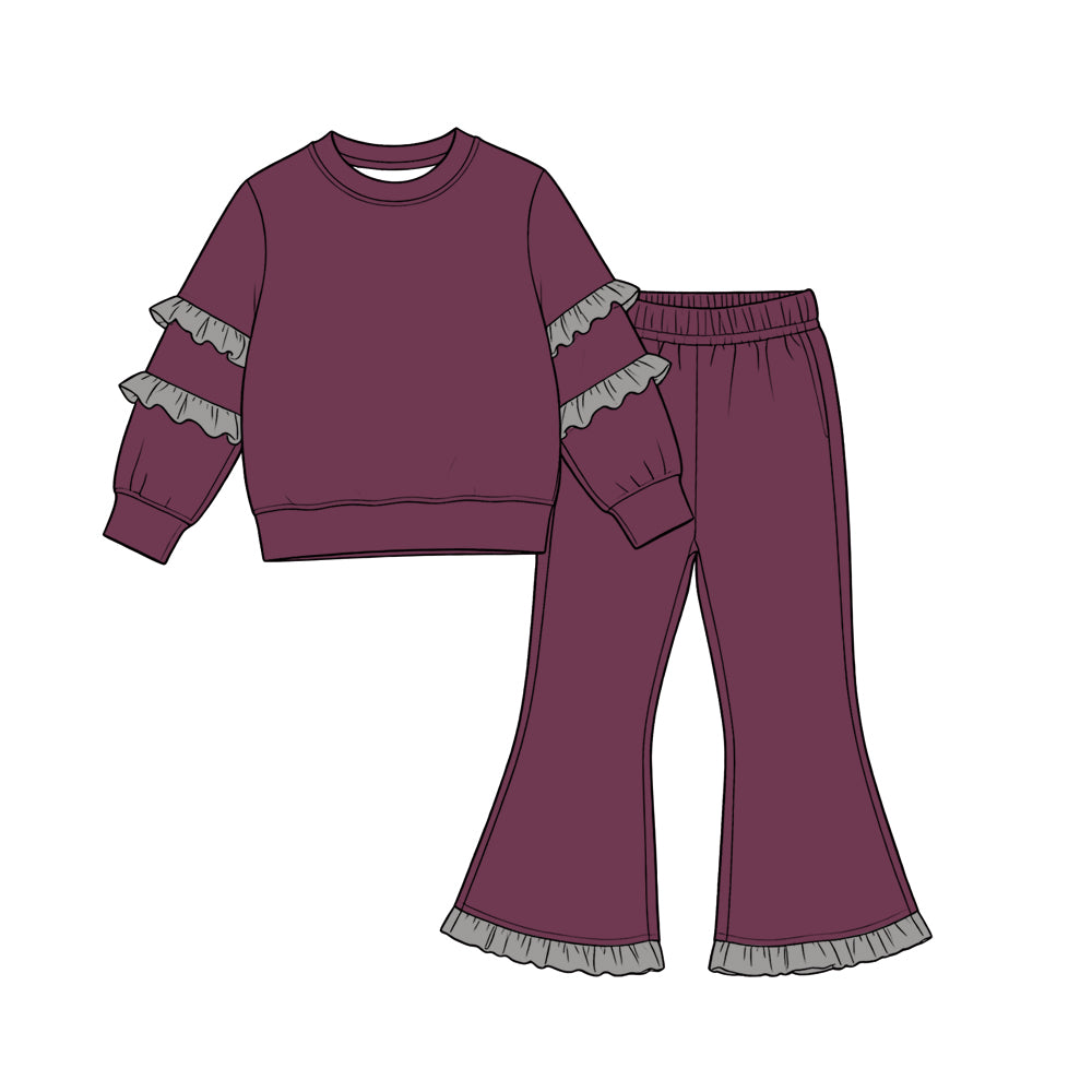 (Preorder new) No moq cotton Baby Girls Ruffle Long Sleeve Sweatshirt And Ruffle Hem Flare Pants Casual Fall Clothes Set