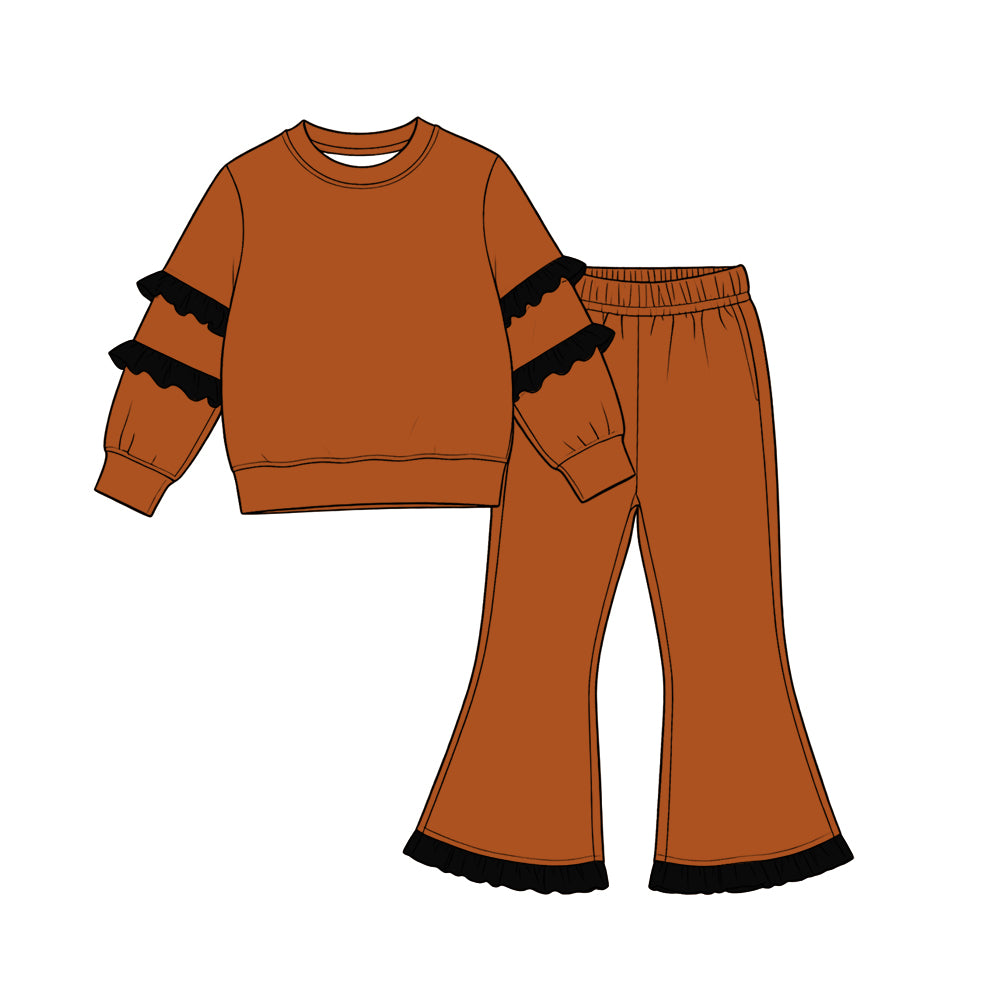 (Preorder new) No moq cotton Baby Girls Ruffle Long Sleeve Sweatshirt And Ruffle Hem Flare Pants Casual Fall Clothes Set