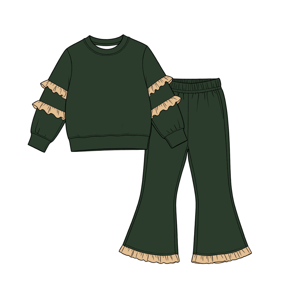 (Preorder new) No moq cotton Baby Girls Ruffle Long Sleeve Sweatshirt And Ruffle Hem Flare Pants Casual Fall Clothes Set