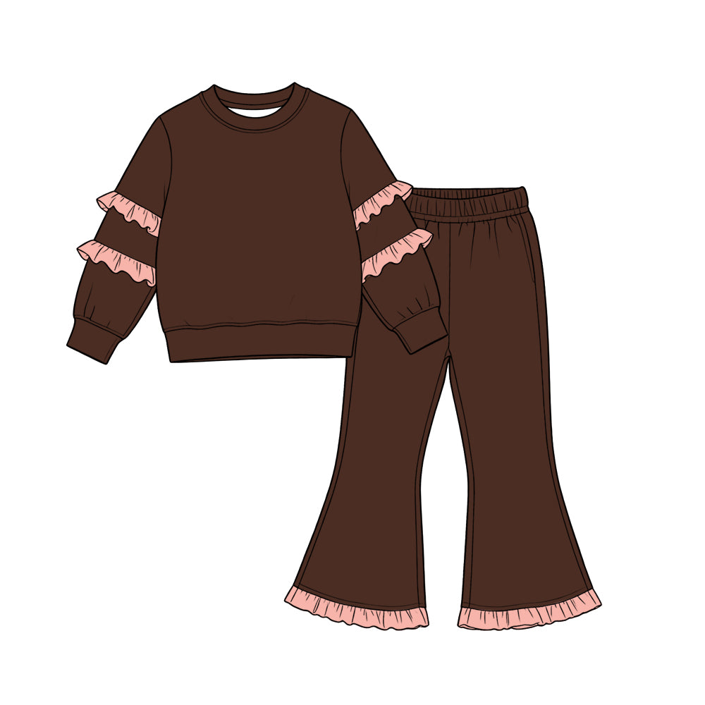 (Preorder new) No moq cotton Baby Girls Ruffle Long Sleeve Sweatshirt And Ruffle Hem Flare Pants Casual Fall Clothes Set