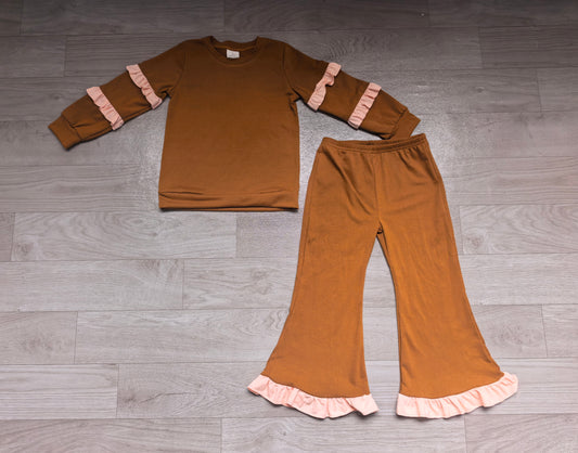 (Sample) No moq cotton GLP3842 Baby Girls Brown Long Sleeve Top Ruffle Bell Bottom Pant Clothes Set