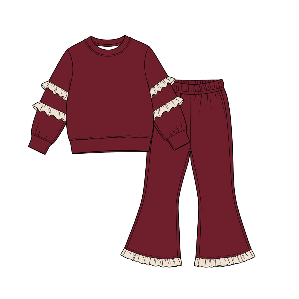 (Preorder new) No moq cotton Baby Girls Ruffle Long Sleeve Sweatshirt And Ruffle Hem Flare Pants Casual Fall Clothes Set
