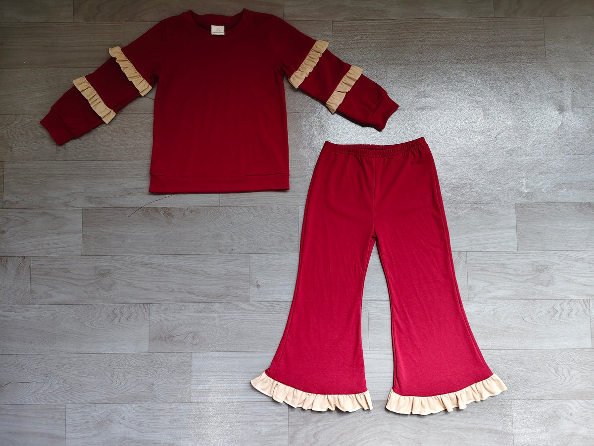 (Sample) No moq cotton GLP3843 Baby Girls Red Long Sleeve Top Ruffle Bell Bottom Pant Clothes Set