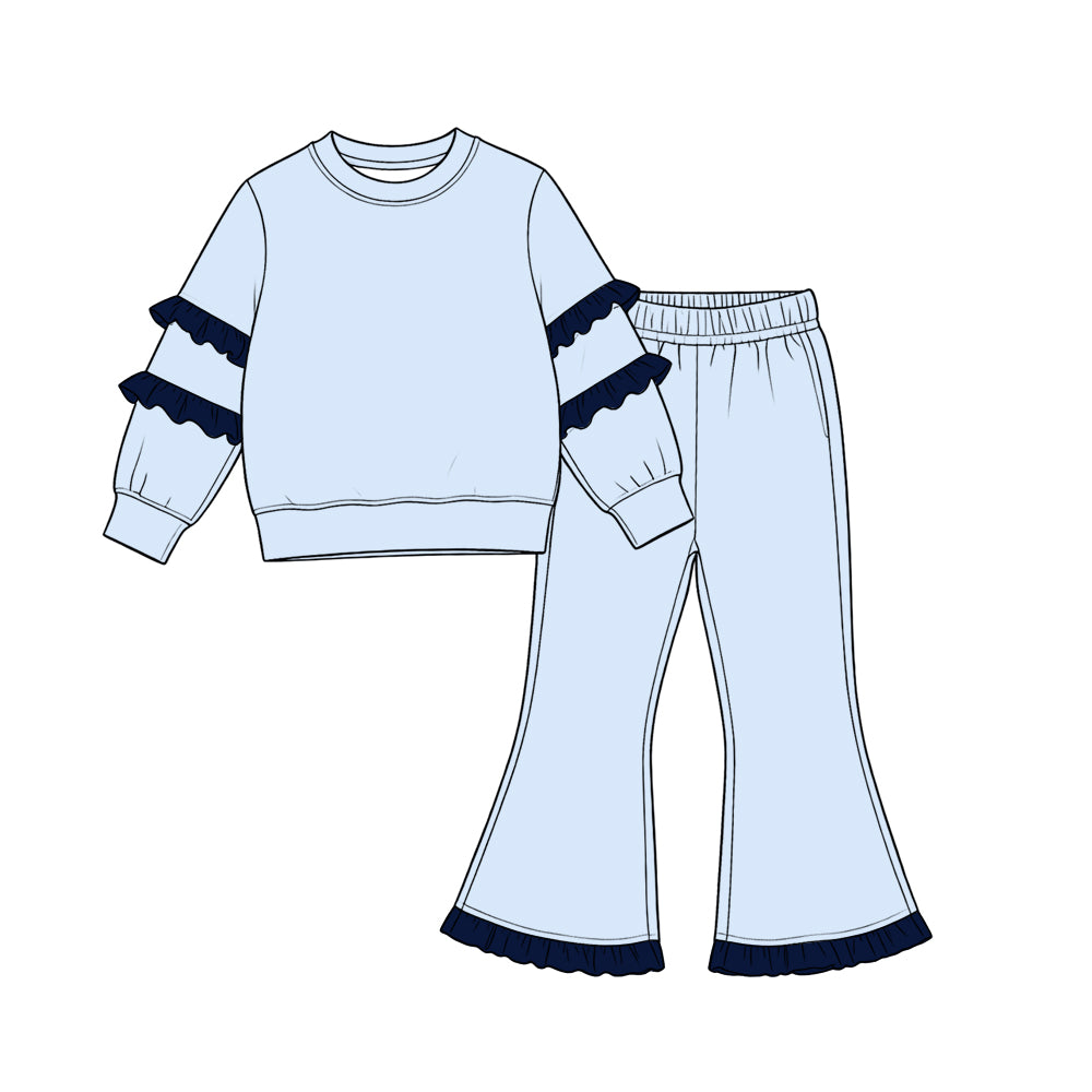 (Preorder new) No moq cotton Baby Girls Ruffle Long Sleeve Sweatshirt And Ruffle Hem Flare Pants Casual Fall Clothes Set