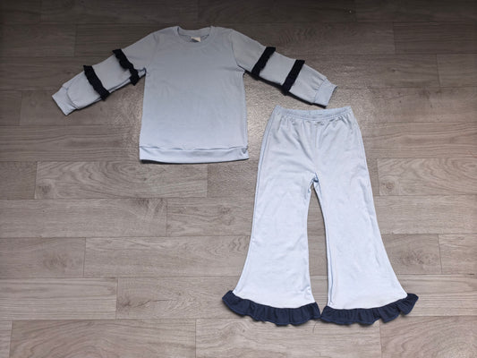 (Sample) No moq cotton GLP3844 Baby Girls Light Blue Long Sleeve Top Bell Bottom Pants With Ruffle Clothes Set