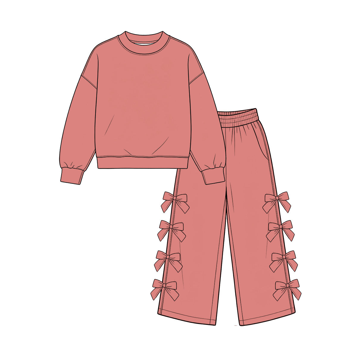 (Preorder new) No moq cotton Baby Girls Crew Neck Long Sleeve Sweatshirt And Multi Side Bow Wide Leg Pants Fall Casual Two Piece Clothes Set