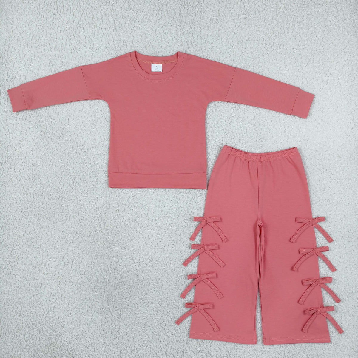 NEW RTS NO MOQ cotton GLP3845 Baby Girls Peach Long Sleeve Top Bows Pockets Flare Pant Casual Set