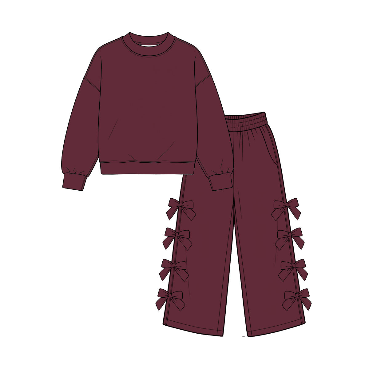 (Preorder new) No moq cotton Baby Girls Crew Neck Long Sleeve Sweatshirt And Multi Side Bow Wide Leg Pants Fall Casual Two Piece Clothes Set