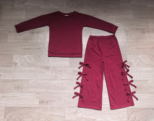 (Sample) No moq cotton GLP3846 Baby Girls Maroon Long Sleeve Top Bows Pockets Flare Pant Clothes Set Casual Daily Wear