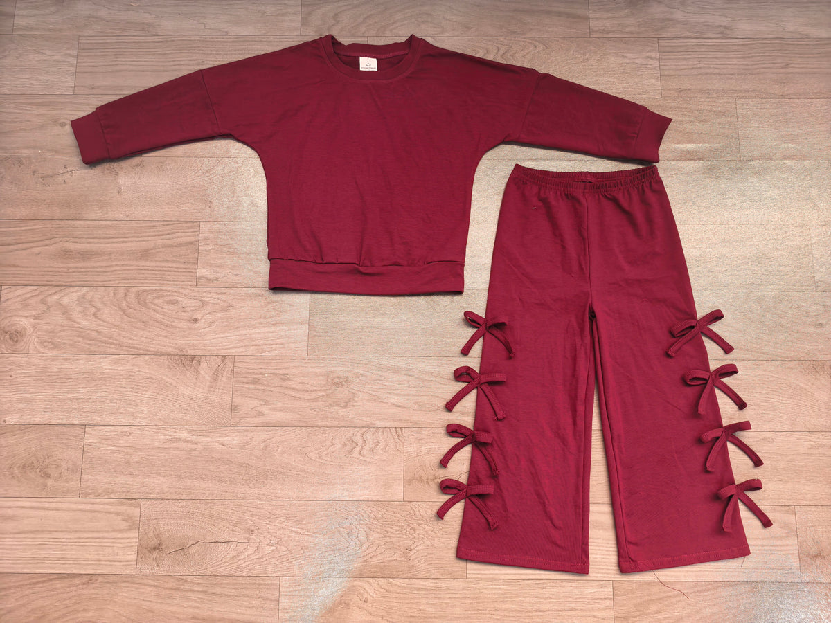 (Sample) No moq cotton GLP3846 Baby Girls Maroon Long Sleeve Top Bows Pockets Flare Pant Clothes Set Casual Daily Wear
